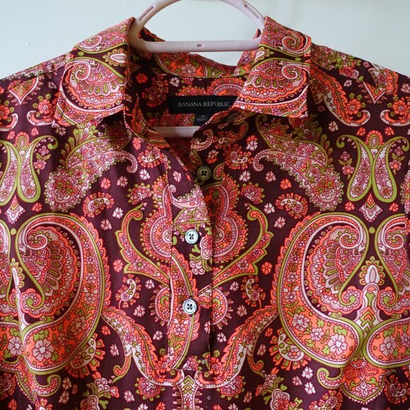Banana Republic BR bright orange pink Paisley short shirt Dress easy care 4 S SM - Picture 11 of 15